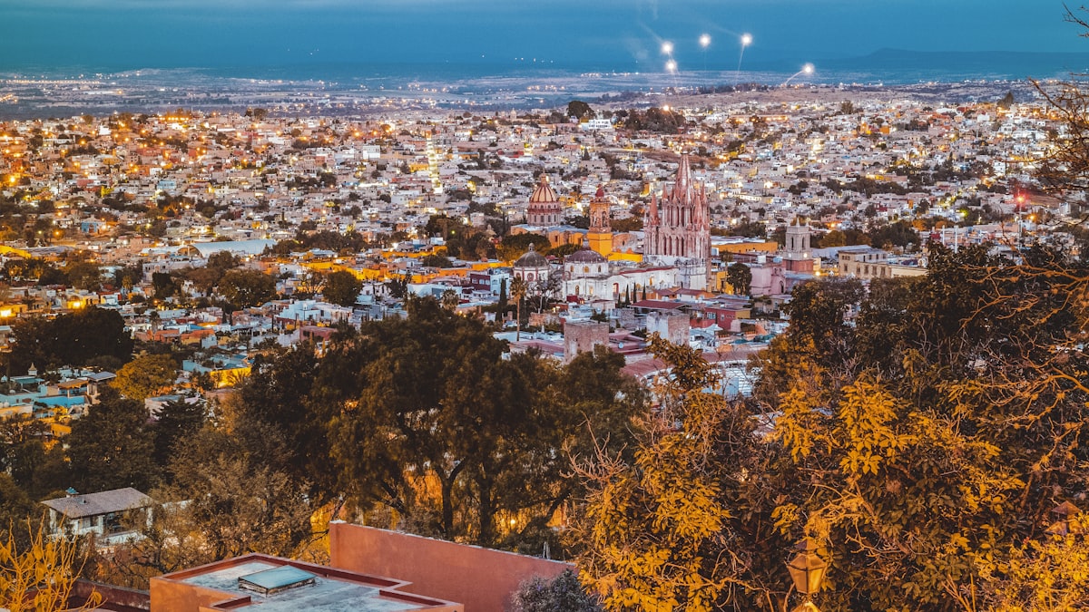 Aerial view over the colonial rooftops and church towers of San Miguel de Allende