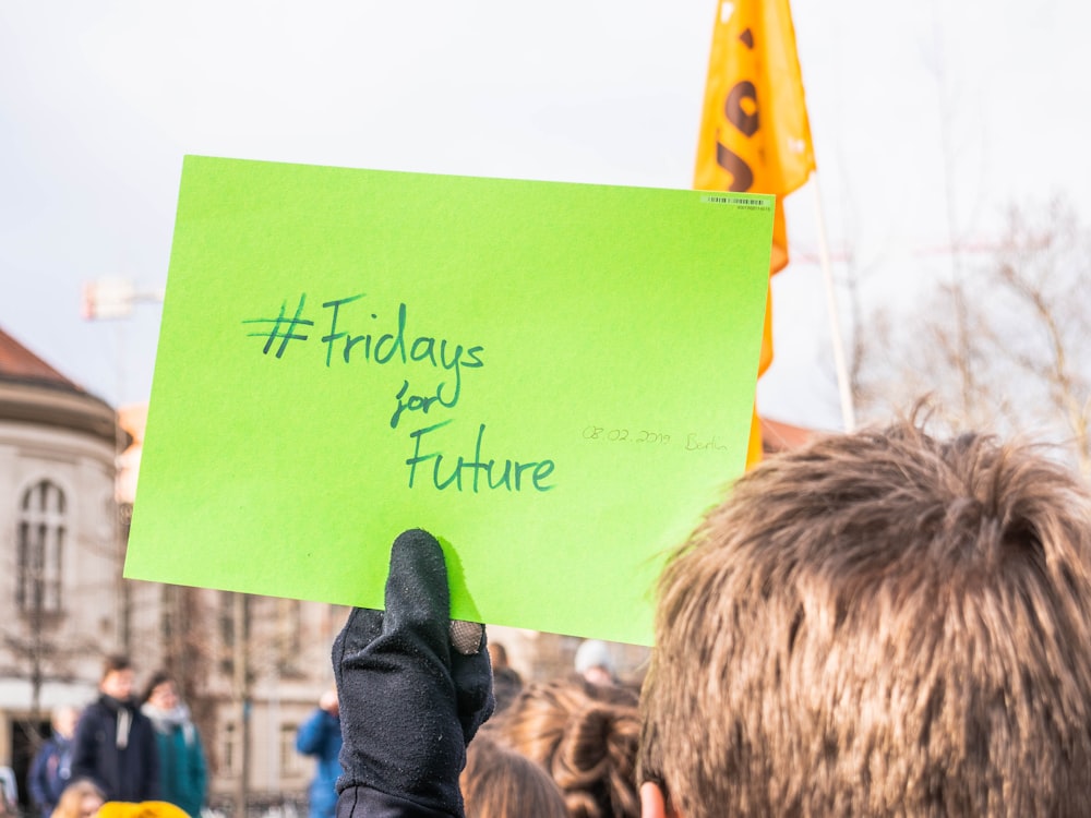 person holding green paper with fridays for future print during daytime