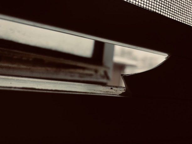 A close-up view of a partially open window, with a focus on the window sill and a wire mesh screen. The background appears blurry and overcast, creating a somber atmosphere with low lighting.