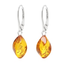 Two elegant earrings feature drop-shaped amber stones with intricate internal patterns, attached to polished silver hooks. The amber has a warm, honey-like hue with a glossy finish, creating an impression of refinement and luxury against a white background.