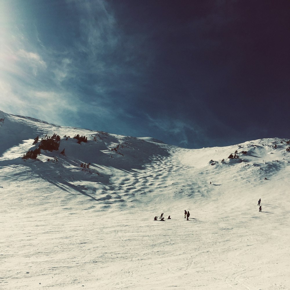 group of people at middle of field covered with snow under clear blue sky