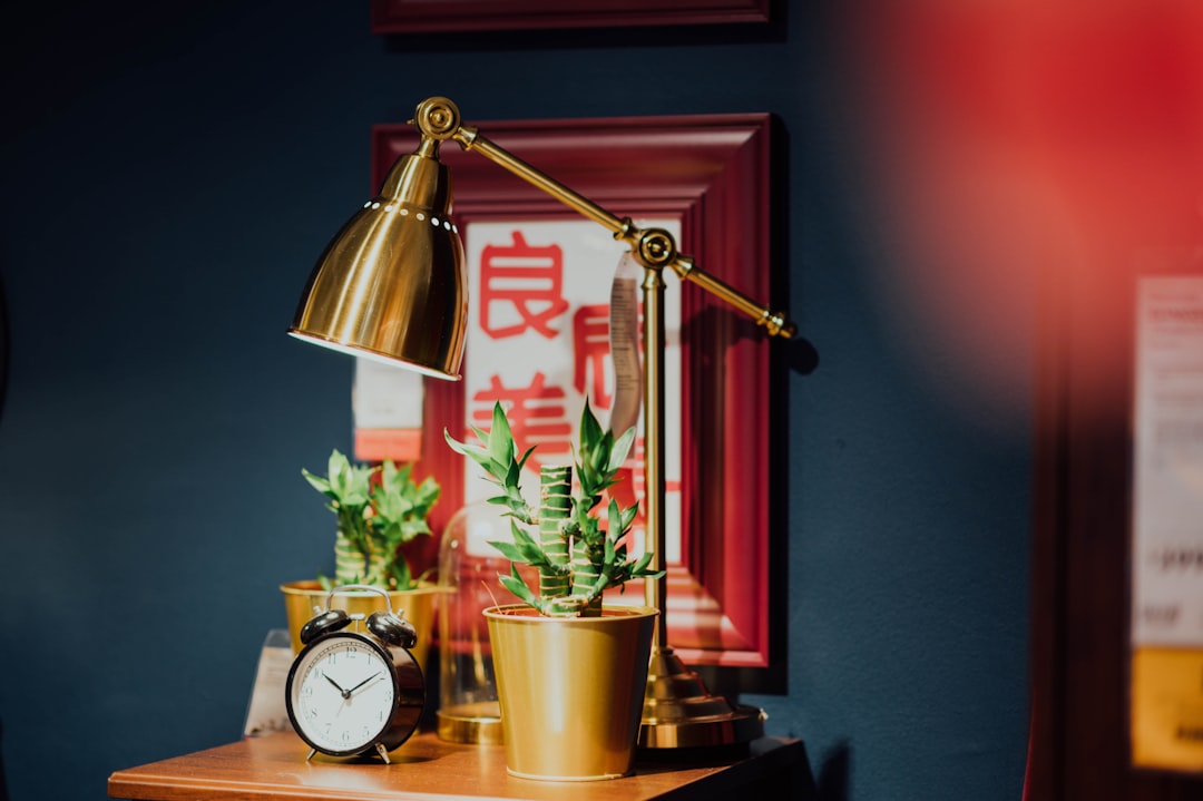 black alarm clock beside green plants under brass-color table lamp on brown wooden desk