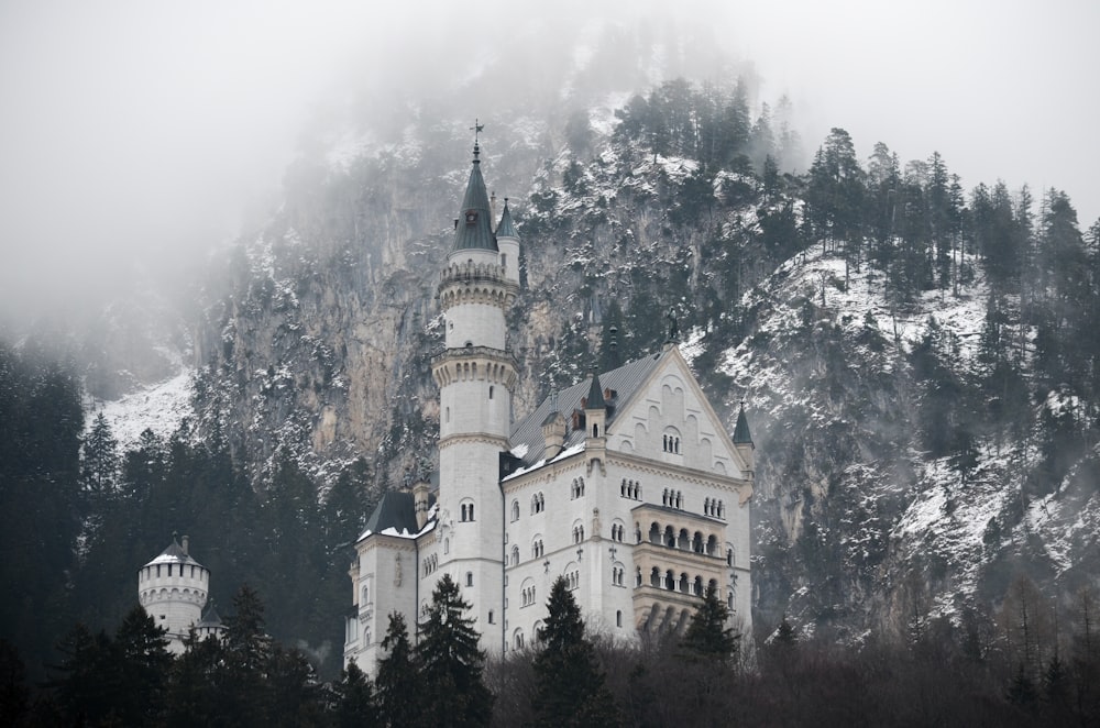 Castillo de hormigón blanco debajo de la montaña cubierto de árboles durante el día