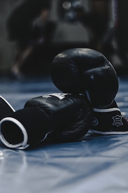 Pair of blue boxing gloves resting on a wooden bench in a minimal gym setting.