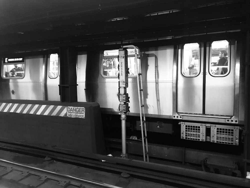 grayscale photography of train