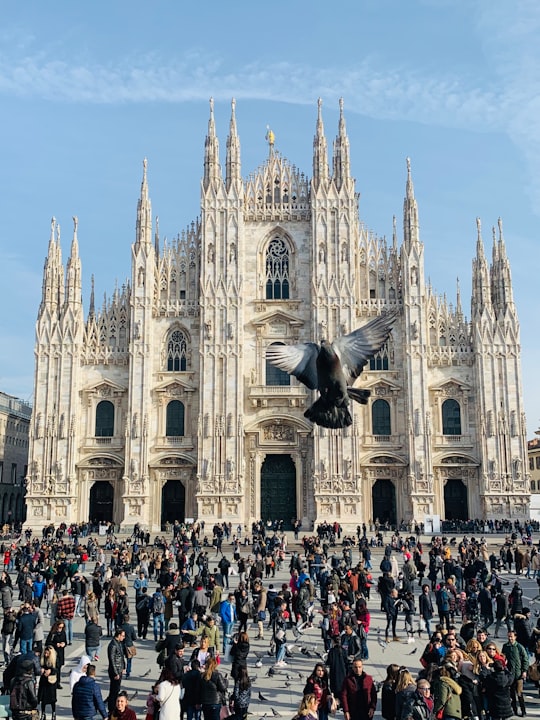 people outside brown concrete cathedral during daytime in Duomo di Milano Italy