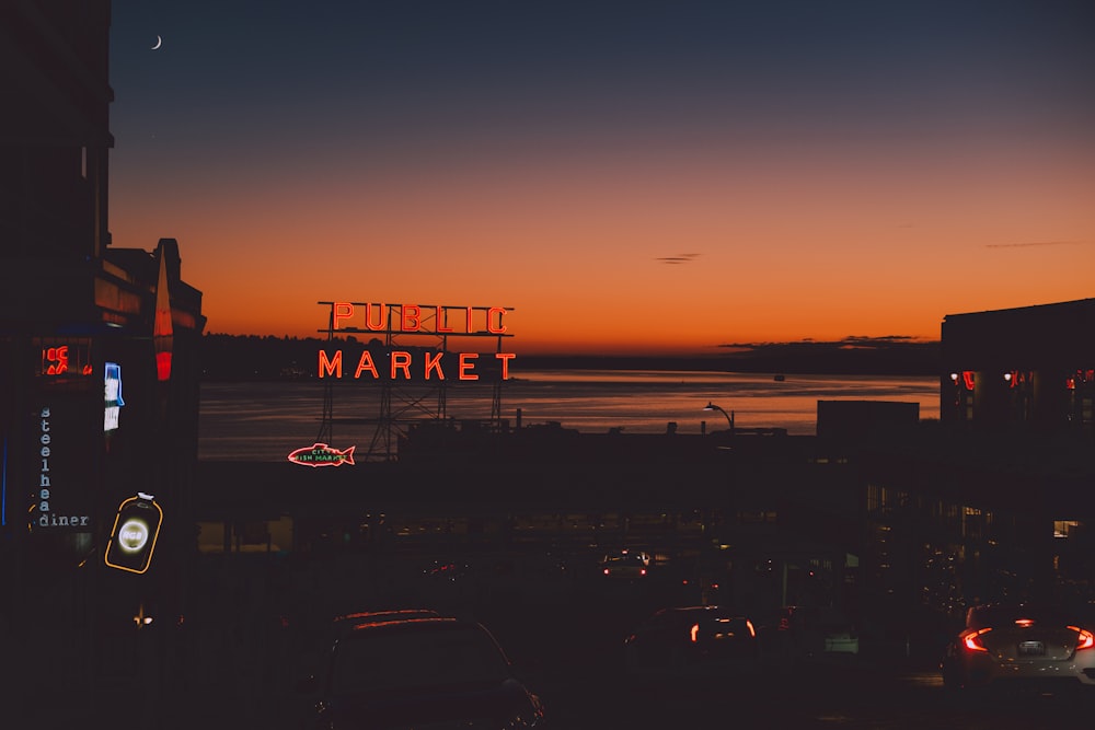 Public Market signage during night time