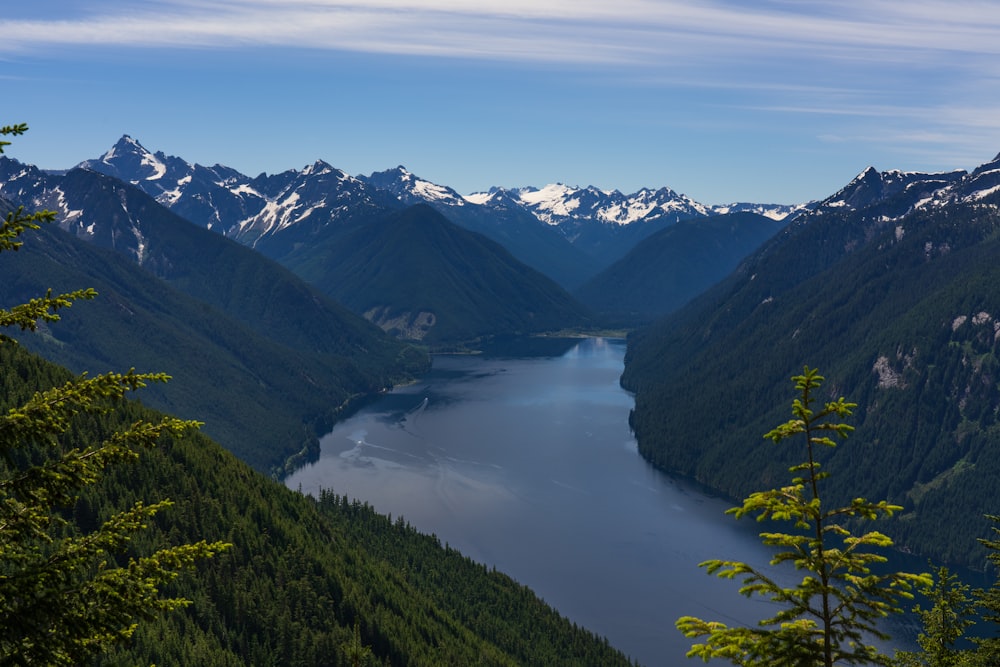 body of water in between of snow covered mountain during daytime