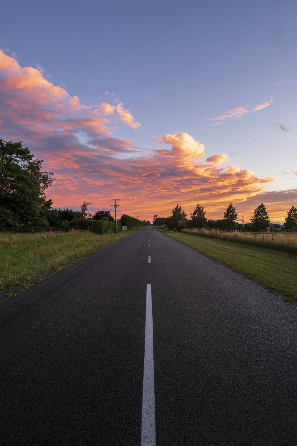 gray road in between grass field