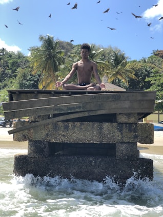 A person is meditating in a lotus position on a weathered concrete structure surrounded by ocean waves. The background features lush palm trees and a few buildings, set against a clear blue sky with birds soaring overhead.