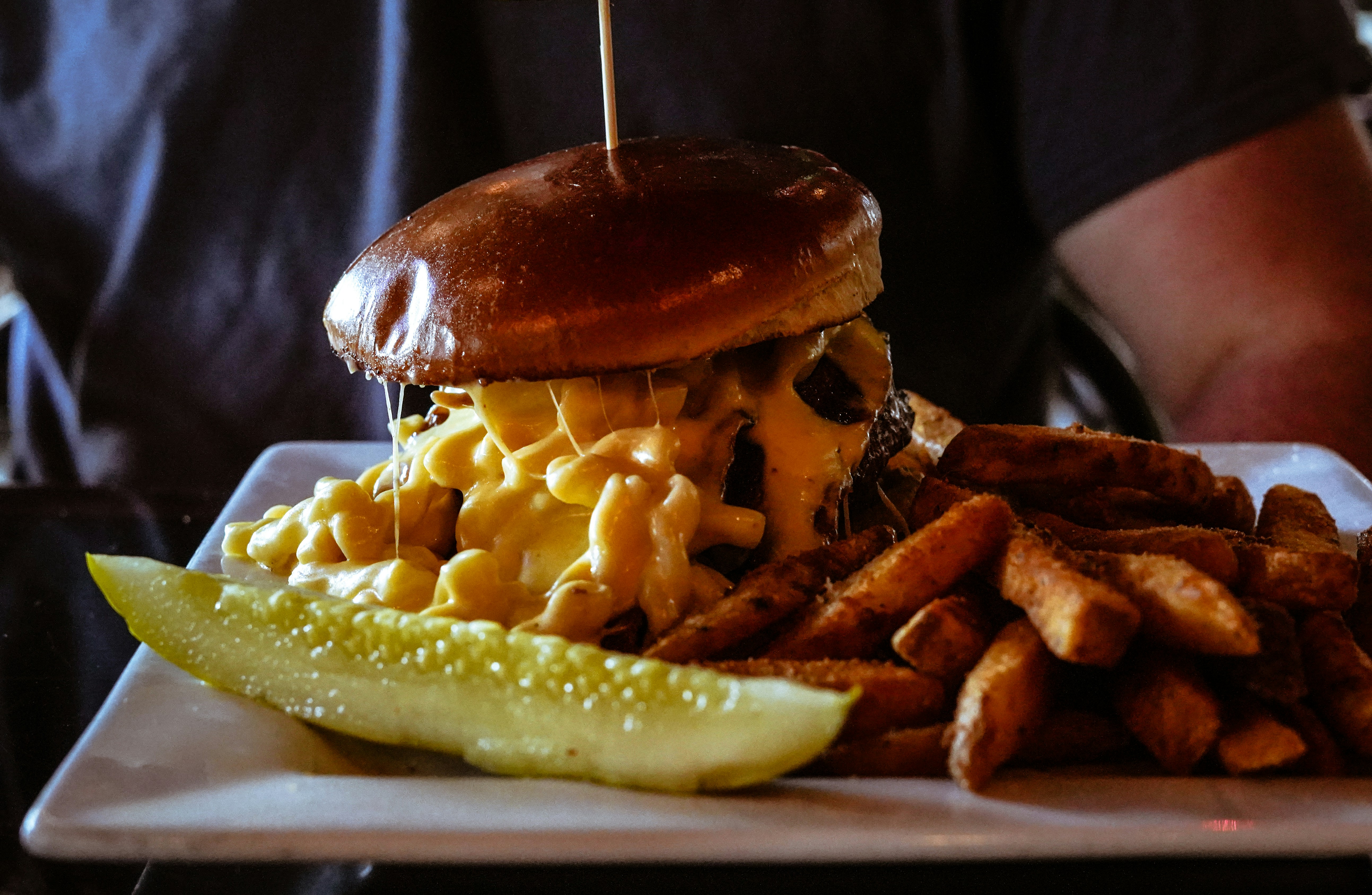 burger with cheese macaroni and fries