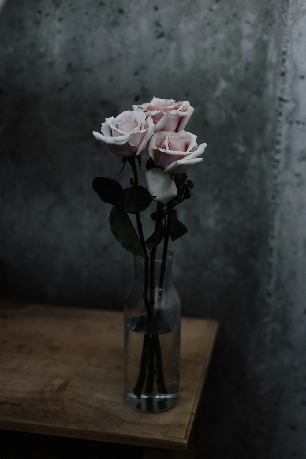 테이블에 유리 꽃병에 세 개의 분홍색 장미