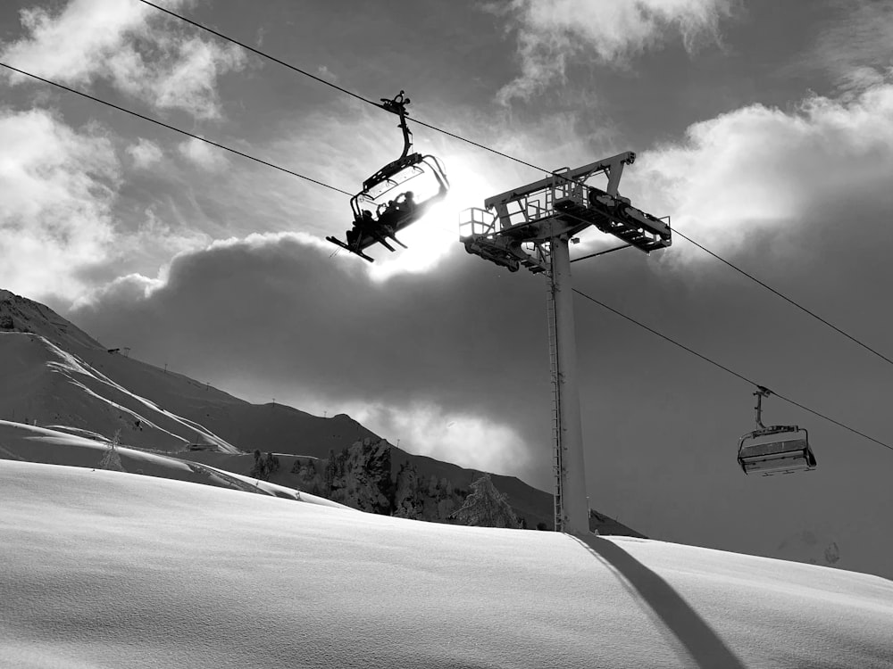 low-angle photography of cable car under cloudy sky