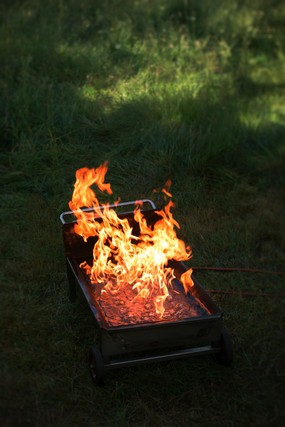 rectangular wheeled grill with fire on lawn during daytime