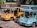 Two colorful tourist buses are parked side by side with visible branding for the Bandung city tour, one in a bright yellow color and the other in turquoise. A black car is partially visible between the buses. The scene is set outdoors with trees providing shade in the background.