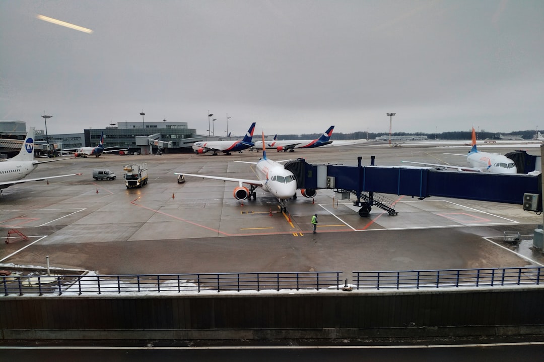 white airliner beside intermodal container,