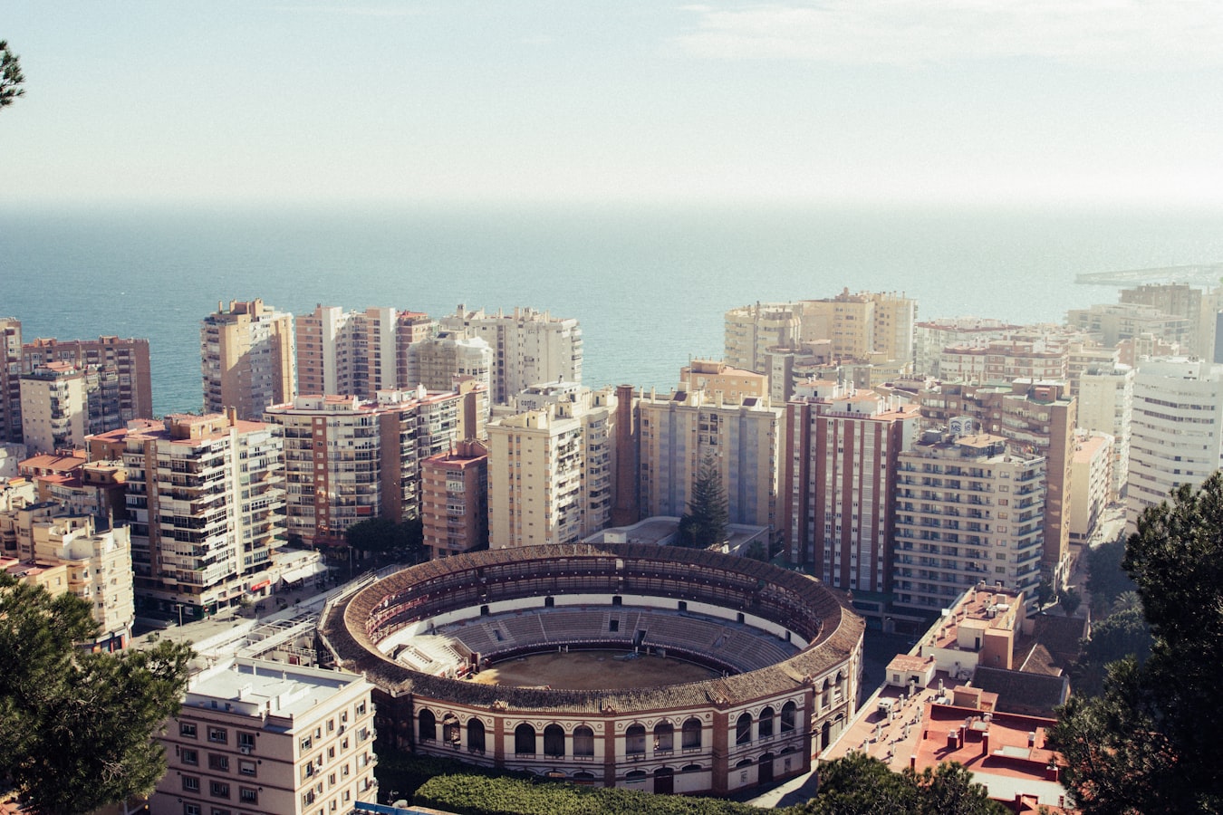 arial view of Malaga, Spain with an arena