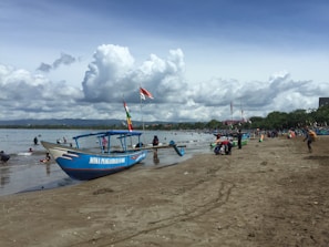 A sandy beach with a large wooden boat painted blue and white, featuring flags and the name 'Mina Panganiban 004'. People are scattered along the shore and in the water, enjoying a sunny day. The background showcases a line of green trees and distant mountains under a sky filled with fluffy clouds.