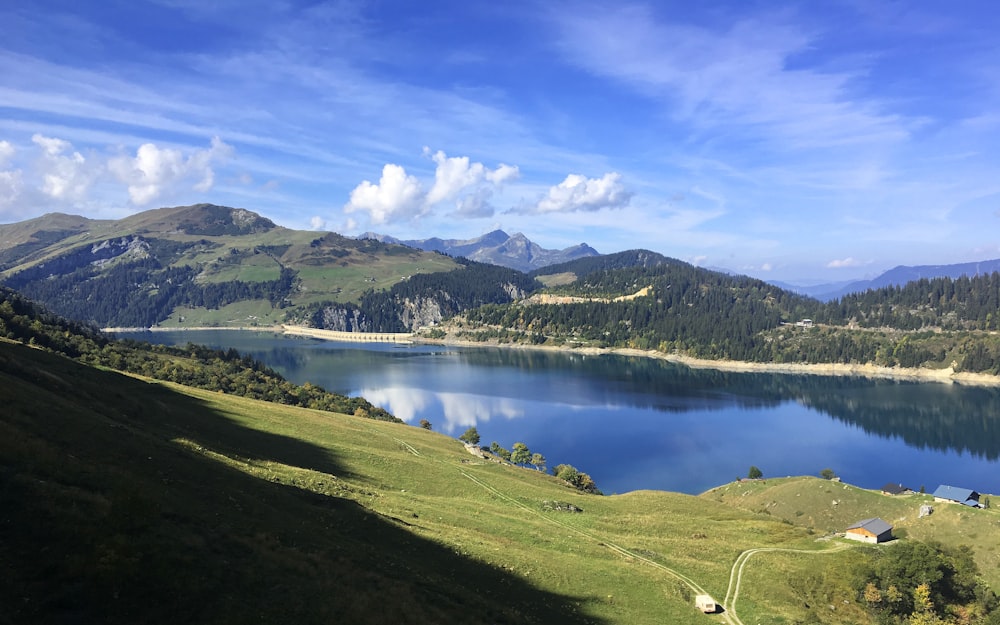 blue body of water surrounded by green mountain