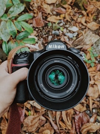 A hand-held Nikon DSLR camera with a lens that reflects green foliage is centered over a background of fallen brown leaves and some green foliage.
