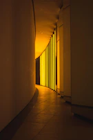 A hallway featuring wood substitute panels combined with artistic paintwork creating a warm atmosphere.