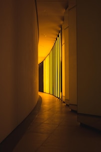 A softly lit hallway featuring layered lighting that creates mood and depth.