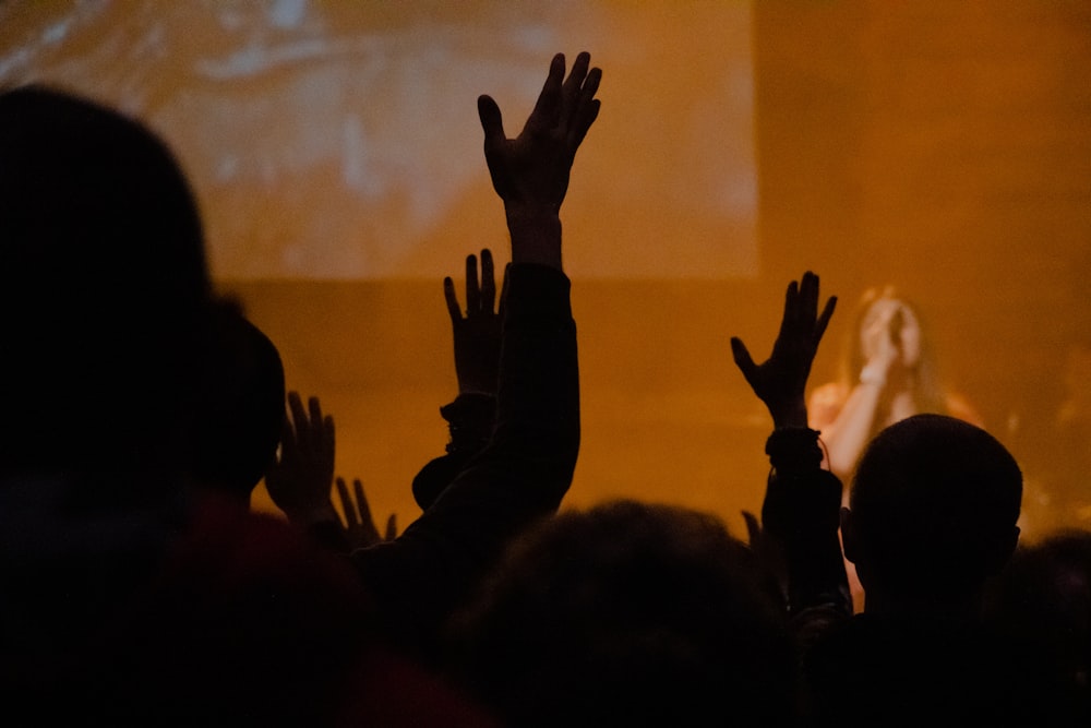 silhouette of people watching girl singing on stage