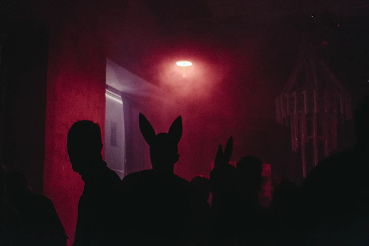 Silhouettes of a crowd backlit by deep red stage light