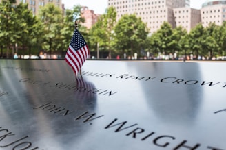 A small American flag stands on a memorial inscribed with names. In the background, there are trees and buildings, indicating an outdoor setting in an urban environment.