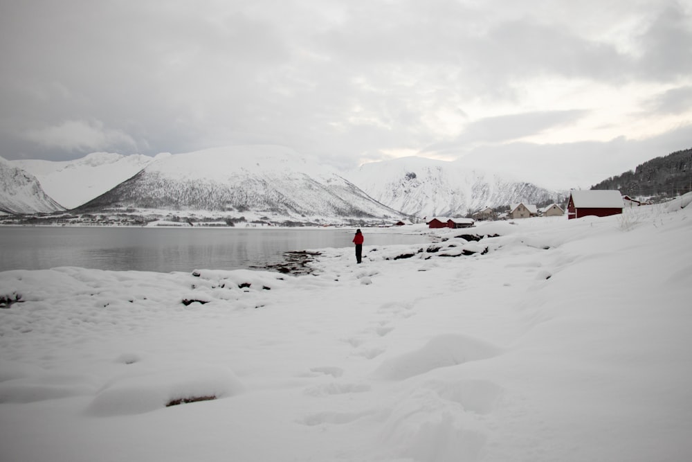 person standing beside lake near covered snow mountain during daytime