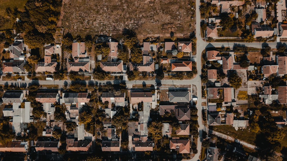 Aerial view of a residential neighborhood
