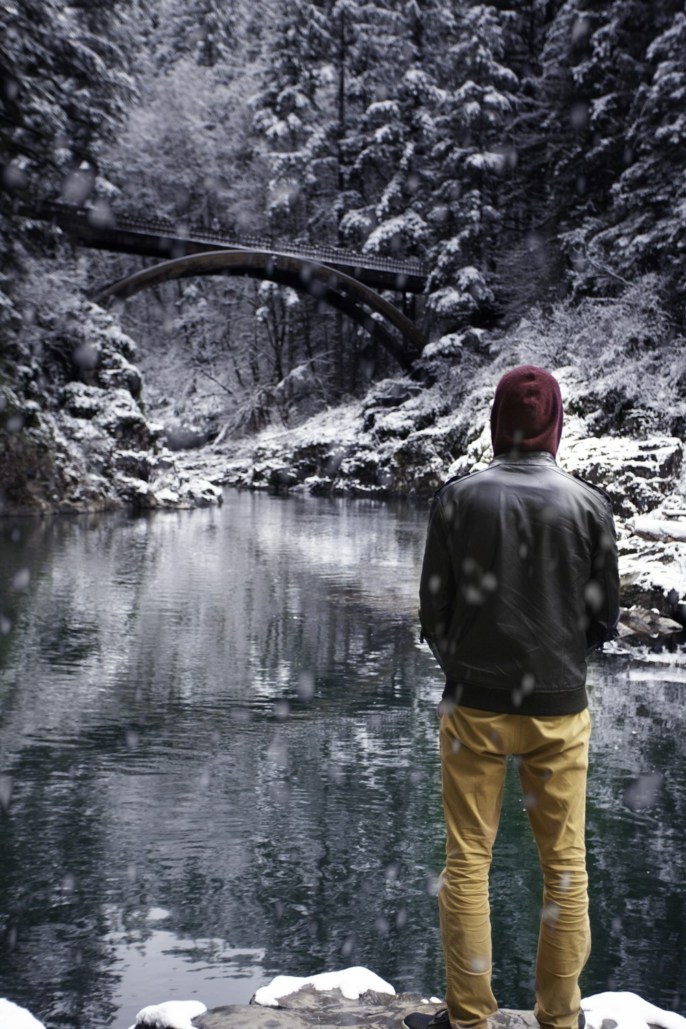 man wearing jacket overlooking on calm water and snow covered trees