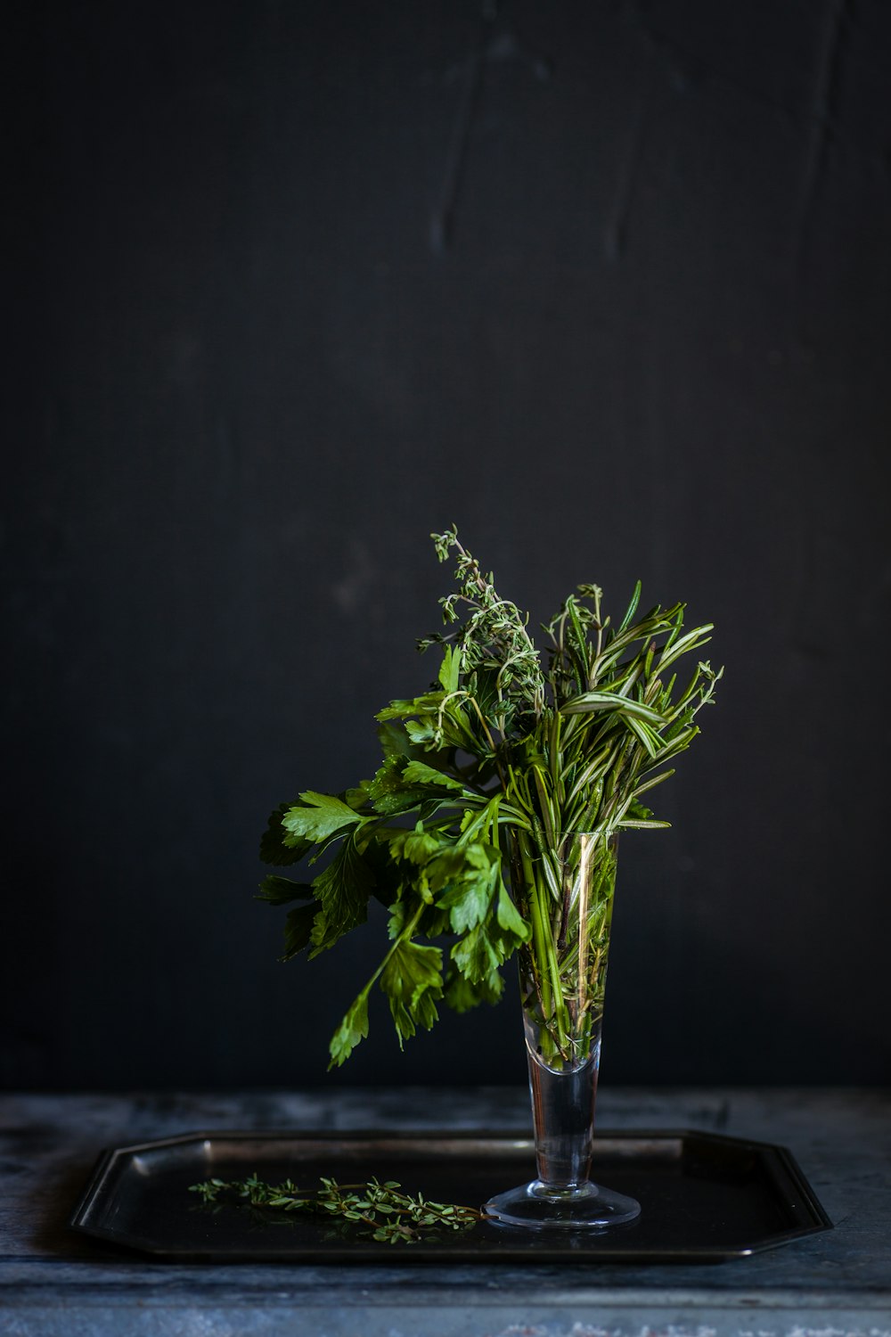 a glass filled with green plants on top of a tray