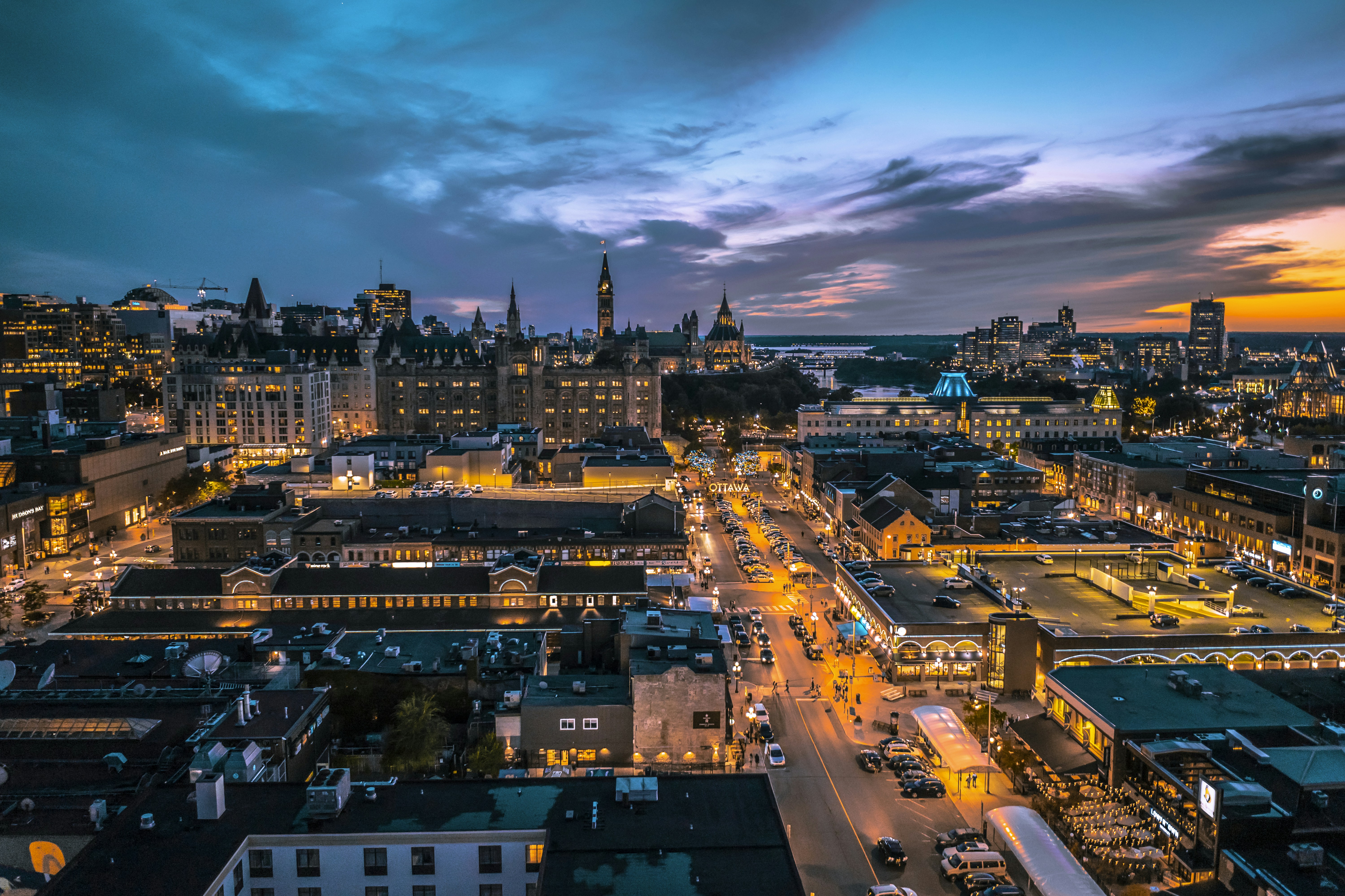aerial view of city at night