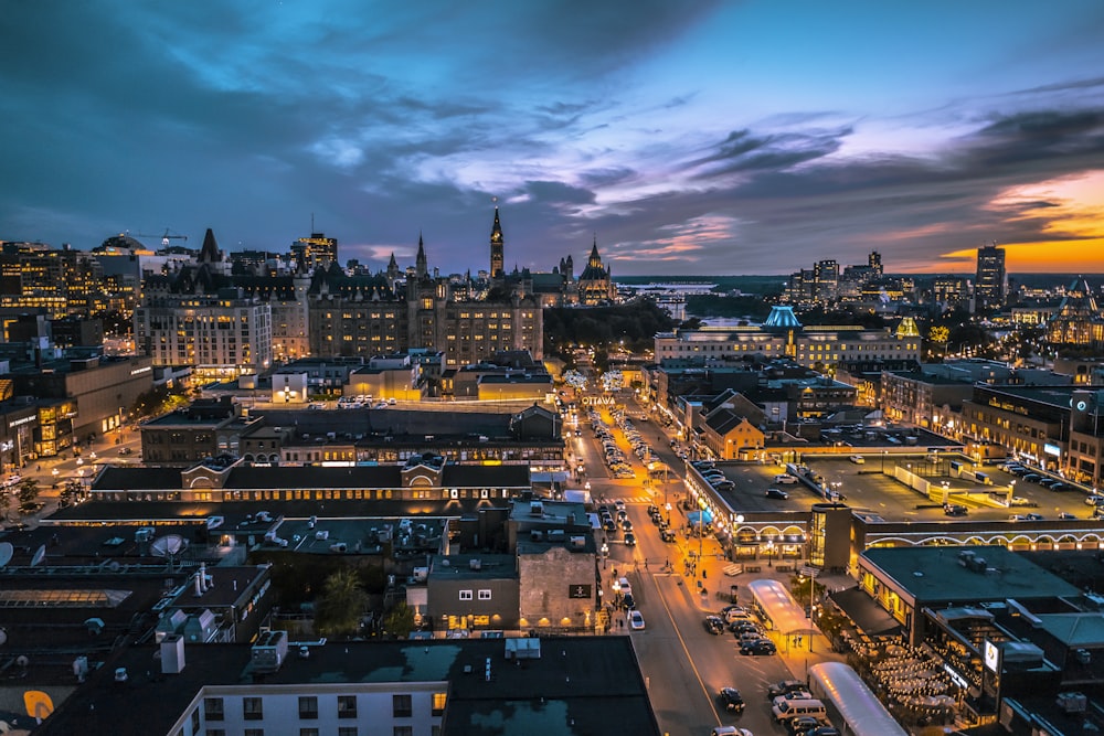 aerial view of city at night