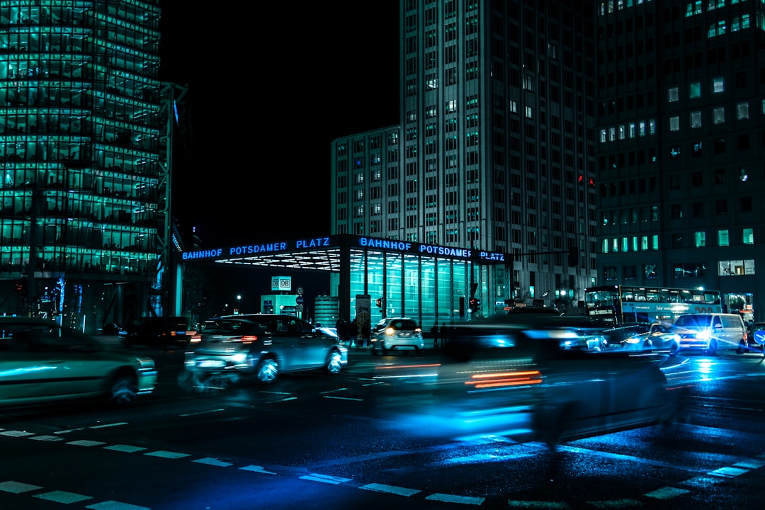 view of busy street at the city during nighttime