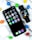 A smartphone and a smartwatch are placed on a marble surface surrounded by colorful candy-coated chocolates. The phone displays various app icons on the home screen, while the smartwatch shows digital time and other information. Nearby, a white wireless earbuds case is visible.