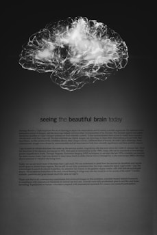A monochrome image featuring an illuminated neural network pattern resembling a human brain against a dark background. Below the brain image is a text section, which includes the title 'seeing the beautiful brain today' in bold and descriptive text about advances in neuroscience and imaging techniques.