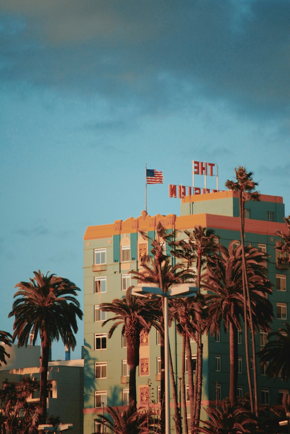 blue building beside coconut rrees