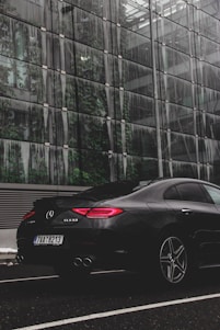 A sleek black car gleaming after a detailed wash, set against a backdrop of a freshly maintained commercial building.