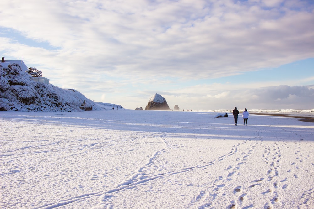 two persons walking on snow field during daytime