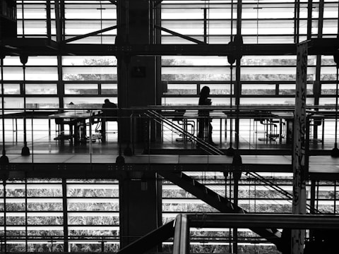 A black and white image of a modern architectural space with large windows and metal beams. Two people are visible: one sitting at a table and the other standing, silhouetted against the bright light from the windows. The design emphasizes horizontal and vertical lines, creating a structured and geometric appearance.