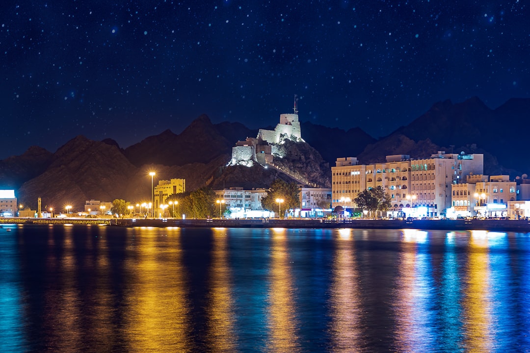 city skyline near sea during night time