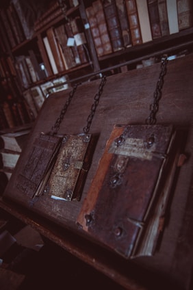 three closed brown books on brown wooden surface