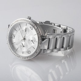 round silver-colored chronograph watch with link band displaying 2: 48