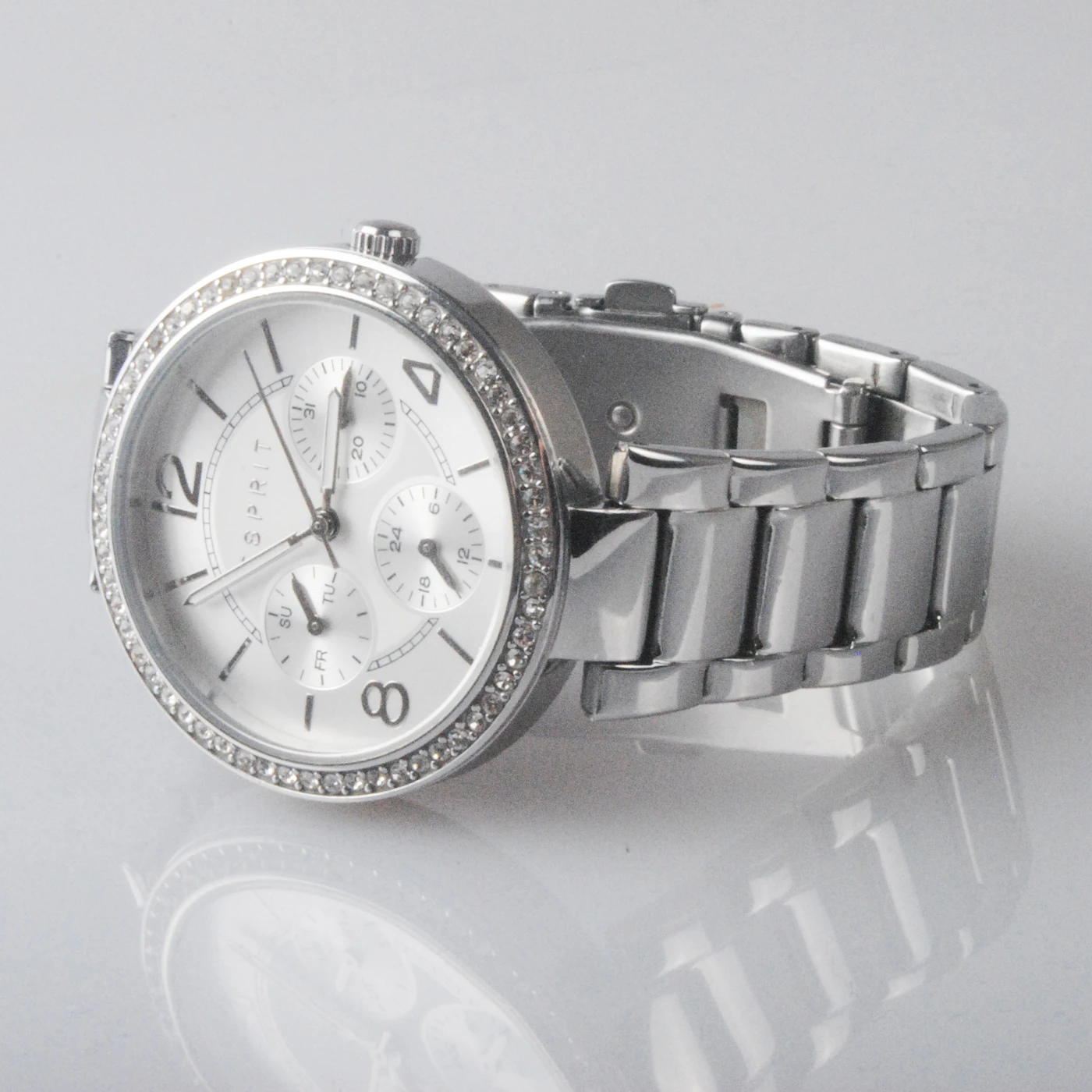 Silver-colored stainless steel link band chronograph watch