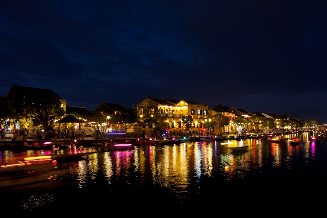 lighted houses near sea, Part of a small series of the lively and colourful Hoi An town centre during the evening hours.