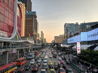 vehicles on road near buildings