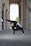 A person is performing a one-handed handstand in a corridor surrounded by large stone columns. The individual is wearing a black athletic outfit with a white stripe and red shoes. The setting gives a sense of urban architecture and outdoor space, with greenery visible in the background.