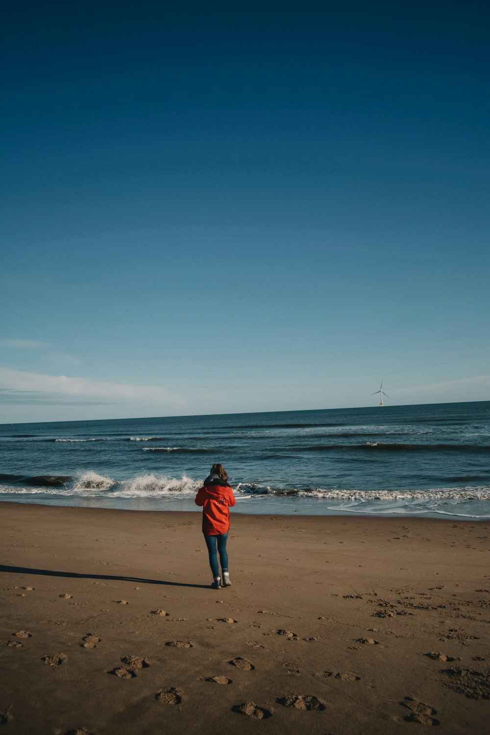 person wearing red jacket overlooking on sea